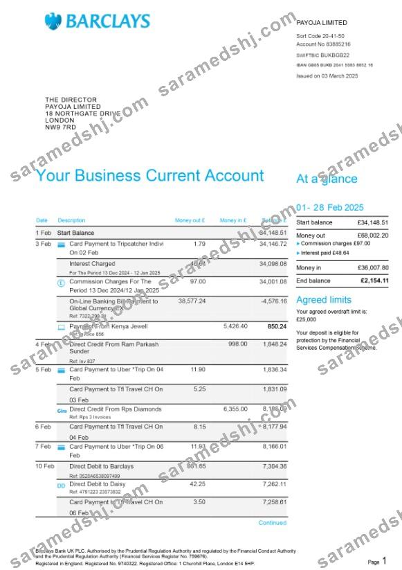 United Kingdom Barclays bank statement template in PSD 6 pages